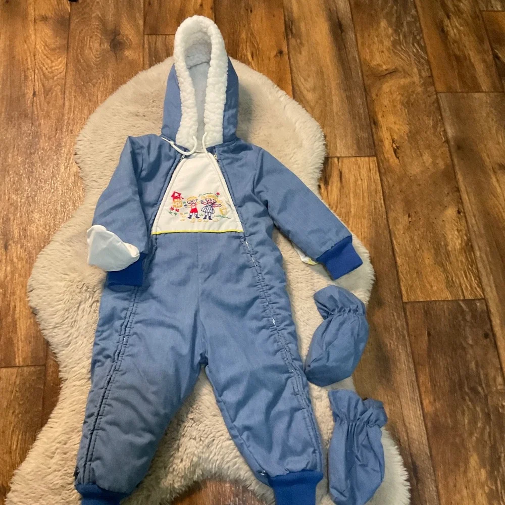 Vintage Snowsuit Baby Bunting Blue Embroidered Hand Foot Covers Removable Hooded